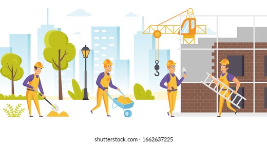 Gruppe von Bauherren in harten Hüten und gleichmäßige Arbeit auf Baustellen. Arbeiter, die mit Rollkarren arbeiten, Leiter tragen, graben, Gebäude bauen. Stadtentwicklung.  Flaches Cartoon-Vektorillustration-Illustration.