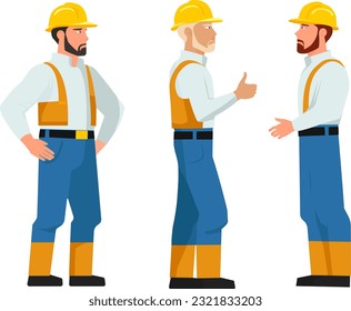 Grupo de constructores. Editores de pie juntos para las vacaciones del Día del Trabajo. Ilustración vectorial en estilo plano