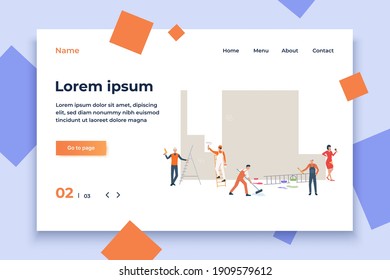 Group of builders with tools painting wall. Male and female cartoon characters working at construction site. Vector illustration for repair service, promotion, banner