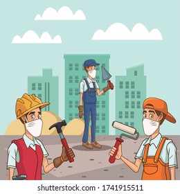group of builders using face mask for covid19 vector illustration design
