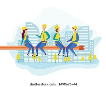 Group of Builders Wearing Uniform and Hardhats Sitting on Iron Beam on Modern City View Background. Workmen and Engineer Team Relaxing at Work on Construction Site Cartoon Flat Vector Illustration