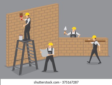 A group of builders working at construction site. Cartoon vector illustration isolated on plain grey background. 