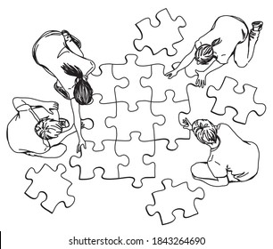 Group building puzzle drawing vector