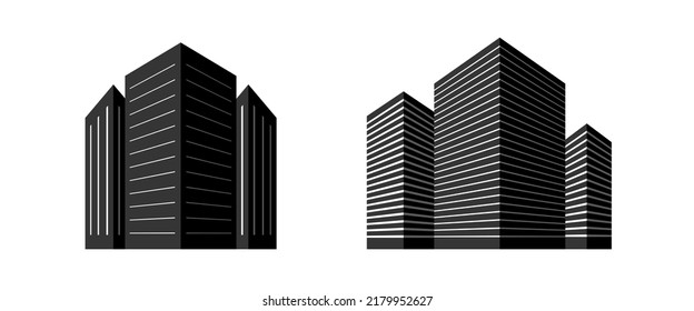 Group Of Buildings Set. 3 Multistorey Black Houses. Office Business Apartments. Vector Icon, With Shadow And Perspective.