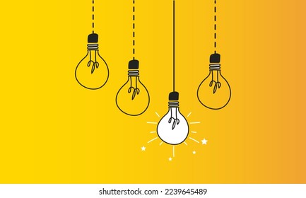 Group of bulbs that are off and one that is on. Concept of a leader who stands out and guides his work group.