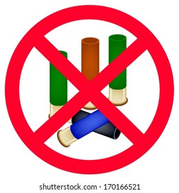 A Group of Bullets or Shotgun Shells in No Signs or Forbidden Signs of Concept of Non-violence Isolated on White Background. 