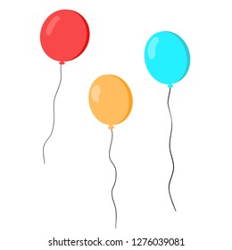 Group or bunch of red yellow and blue balloons floating together with long ribbon in cartoon flat style isolated vector illustration on white background decoration for birthday or holiday celebration