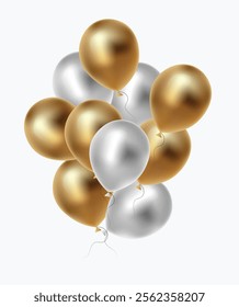 Group Bunch of silver and gold metallic balloons on white isolated