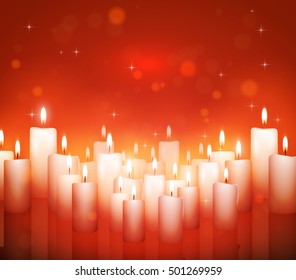 Group of burning candles on red scene with lights