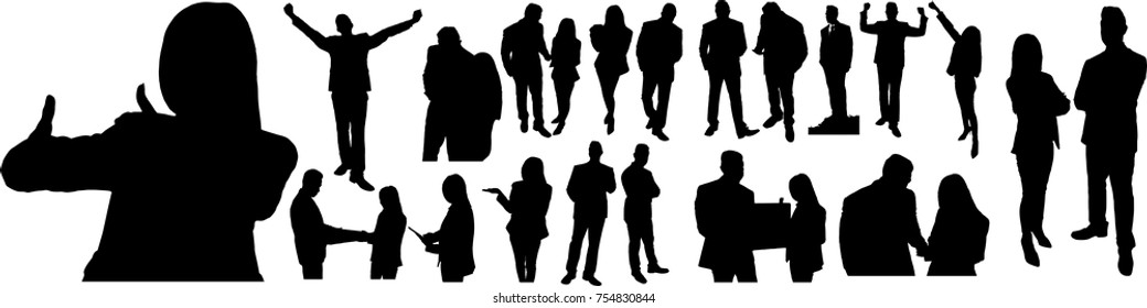 Group business background with boss and business women that including more than 20 stand acting post with silhouette  and silhouette hands thump up, "Like" sign 