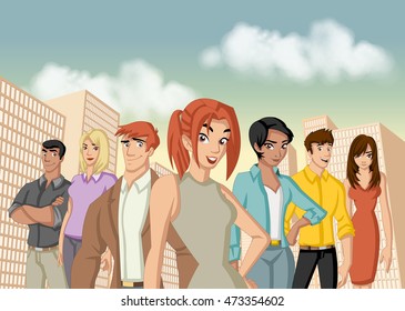 Group of business cartoon young people in the city
