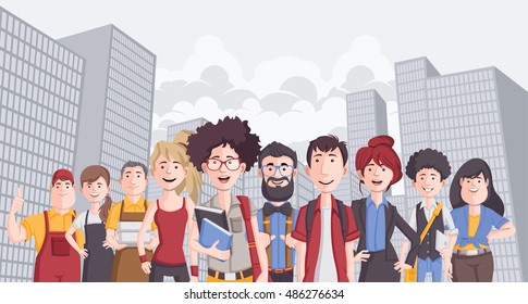 Group of business cartoon young people in the city
