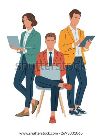Group of business casual professionals with laptops and tablet, standing in modern simplified style isolated on white background, colorful clean-line digital art vector illustration