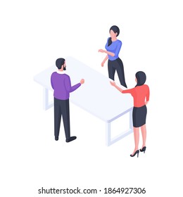 Group business discussion isometric illustration. Female characters office workers argue and engage in dialogue with male colleague. Business service dialogue and teamwork vector concept.