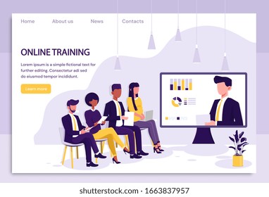 Group of business employees attending online training seated in front of a large monitor with infographic on the screen and space for text, colored vector illustration