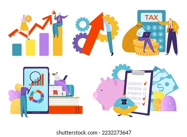 Group of business finance teamwork, concept investing accounting tax industry, tiny character flat vector illustration, isolated on white.