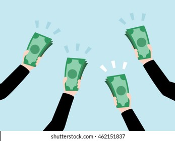 Group Of Business Hand Holding Money, Bidding Auction Concept, Raise Money