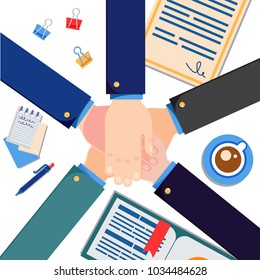 Group of business man in a meeting making a show of solidarity and motivation by stacking their hands together over the center of the table with paperwork and reports, business vector illustration