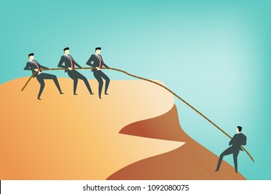 a group of business man pull the rope from the cliff with one business man at the end of rope, business teamwork concept