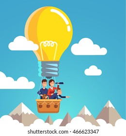 Group of business man and woman flying in the sky on hot air balloon and planning ahead. Looking through spyglass over mountain peaks. Idea concept. Flat style vector illustration.