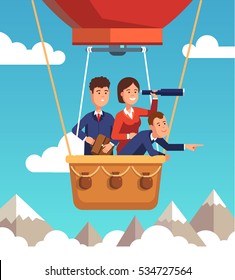 Group of business man and woman flying in the sky on hot air balloon and planning ahead. Looking through spyglass over mountain peaks. Exploration concept. Flat style vector illustration.