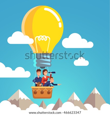 Group of business man and woman flying in the sky on hot air balloon and planning ahead. Looking through spyglass over mountain peaks. Idea concept. Flat style vector illustration.
