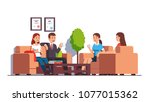 Group of business man & woman sitting in armchairs, sofa at coffee table in office lobby or clinic waiting room. Modern business interior design. Flat vector characters illustration isolated on white