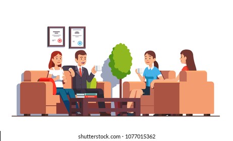 Group of business man & woman sitting in armchairs, sofa at coffee table in office lobby or clinic waiting room. Modern business interior design. Flat vector characters illustration isolated on white