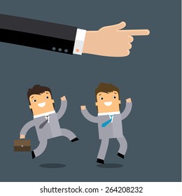 Group of business mans running in the same direction with big businessman's hand pointing to, business concept in leadership leading guideline to followers. Flat design