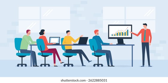 reunião da equipe de marketing de negócios do grupo. e a equipe de Investidores. consultor de investimento financeiro de negócios trabalhando com o conceito do monitor gráfico do relatório. ilustração de vetor plana.