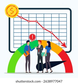 Group of business meeting and discussing for financial crisis with money loss and down arrow on screen graph. 