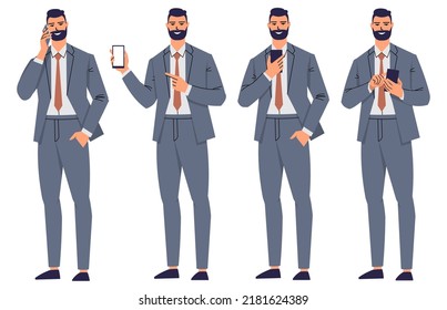 Group of business men in different poses with phone. A young man in a suit and tie isolated on a white background. Office worker make phone call, shows phone screen, uses phone. Flat vector.