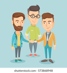 Grupo de hombres de negocios que se unen. Los empresarios caucásicos juntan sus manos. Hombres de negocios apilando sus manos. Concepto de asociación. Ilustración de diseño plana vectorial. Diseño cuadrado.