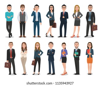 Group of business men and business women characters working in office. Isolated on white background