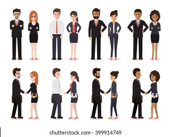 Group of business men and business women standing , people at work with handshaking on white background. Flat design people characters.