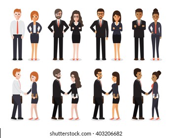 Group of business men and business women standing , people at work with handshaking on white background. Flat design people characters.