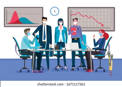 Grupo de hombres y mujeres de negocios en equipo en torno a una mesa de reunión con máscara facial. Gráfico que muestra el declive del negocio del coronavirus. Ilustración vectorial.