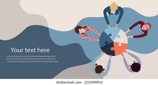 Group of business men and women top view holding and joining jigsaw puzzle pieces. Colleagues of diverse ethnic groups and cultures. collaborate - cooperate. Teamwork. Banner template