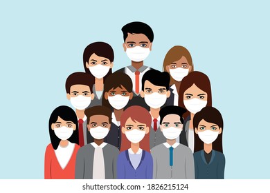 Group of business men and women wearing medical mask.Business team and teamwork new normal concept. Flat design people characters.