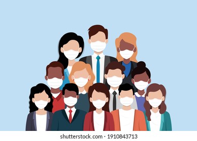 Group Of Business Men And Women Wearing Medical Mask.Business Team And Teamwork New Normal Concept. Flat Design People Characters.