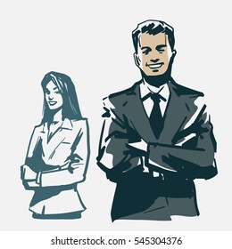 Group of business men and women, working people on white background, business team, concept. sketch style, design, characters, successful group at the office