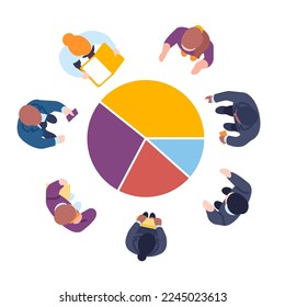 Grupo de personas de negocios y de oficina alrededor de la tabla. Vista superior de la infografía circular. Estructura gráfica de organización con sectores de tarta. Equipo de hombres y mujeres. Informe financiero