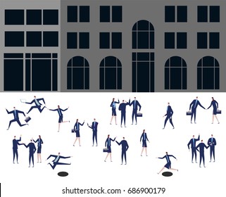 A group of business and office people are standing in front of the building. Vector illustration.