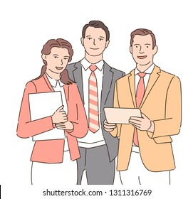 Group of business partners looking at camera with smiles, hand drawn style vector design illustrations