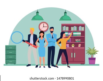 Group of business partners with business and symbols, executive entrepreneur teamwork inside office with drawers and library vector illustration graphic design.