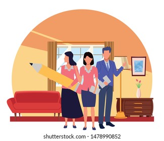 Group of business partners with business and symbols, executive entrepreneur teamwork inside house with coach drawer and window vector illustration graphic design.