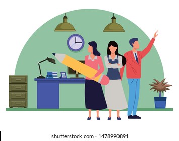 Group of business partners with business and symbols, executive entrepreneur teamwork inside office with desk and drawer vector illustration graphic design.