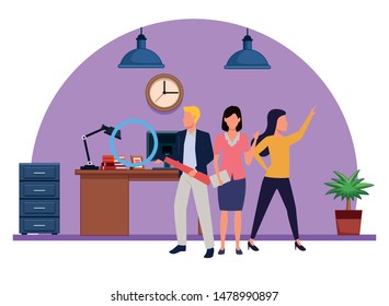 Group of business partners with business and symbols, executive entrepreneur teamwork inside office with desk and drawer vector illustration graphic design.