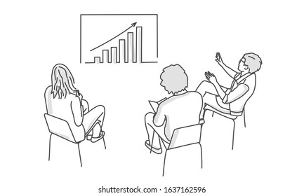Group of business people analyzing data using an office board. Line drawing vector illustration.