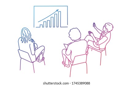 Grupo de personas de negocios analizando datos utilizando un consejo de administración. Colores arcoiris en ilustración vectorial lineal.